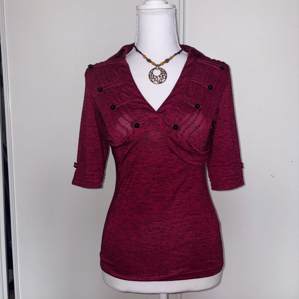 Women's Burgundy V-Neck Short Sleeve Top with Button Detail